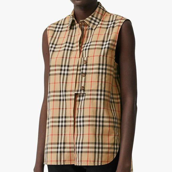 BURBERRY CHECK PLAID SLEEVELESS COTTON POPLIN SHIRT - Picture 1 of 11